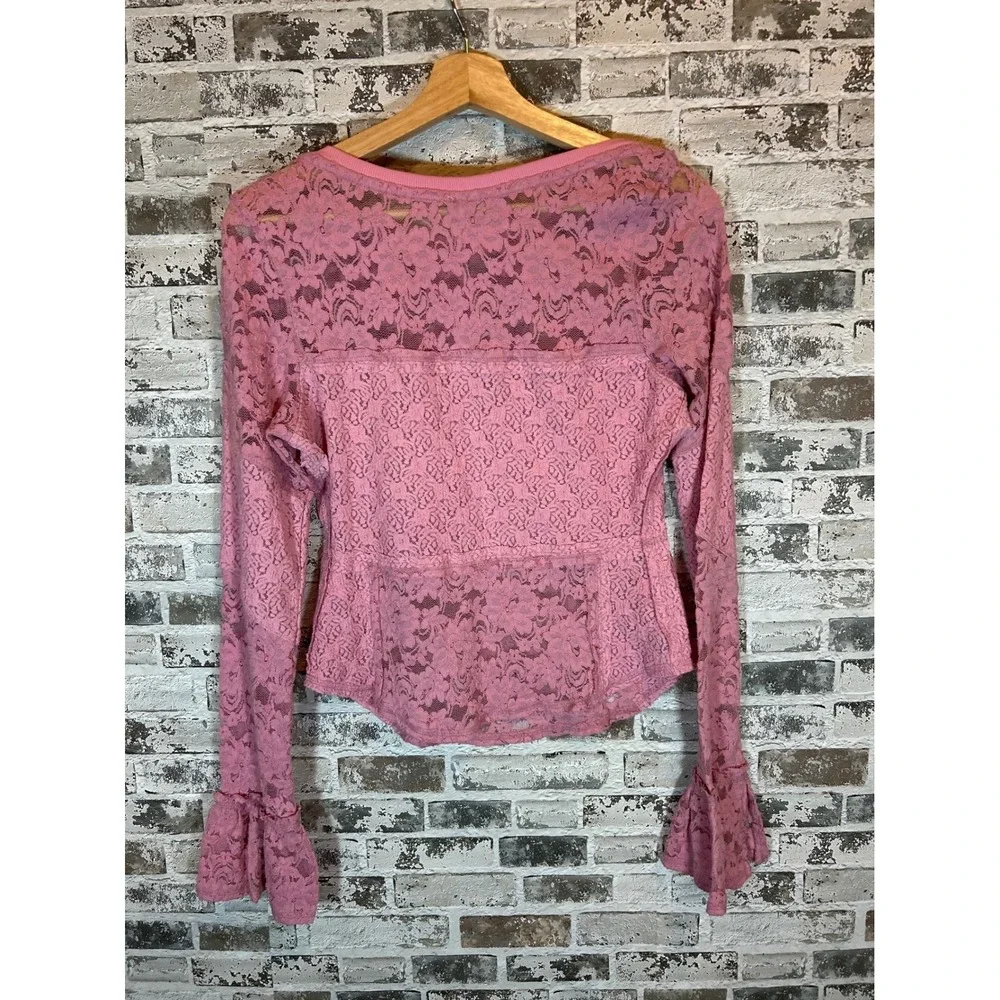 Free People Lace Top Women XS Orchid Smoke Floral Bell Sleeve Sheer Boho NEW